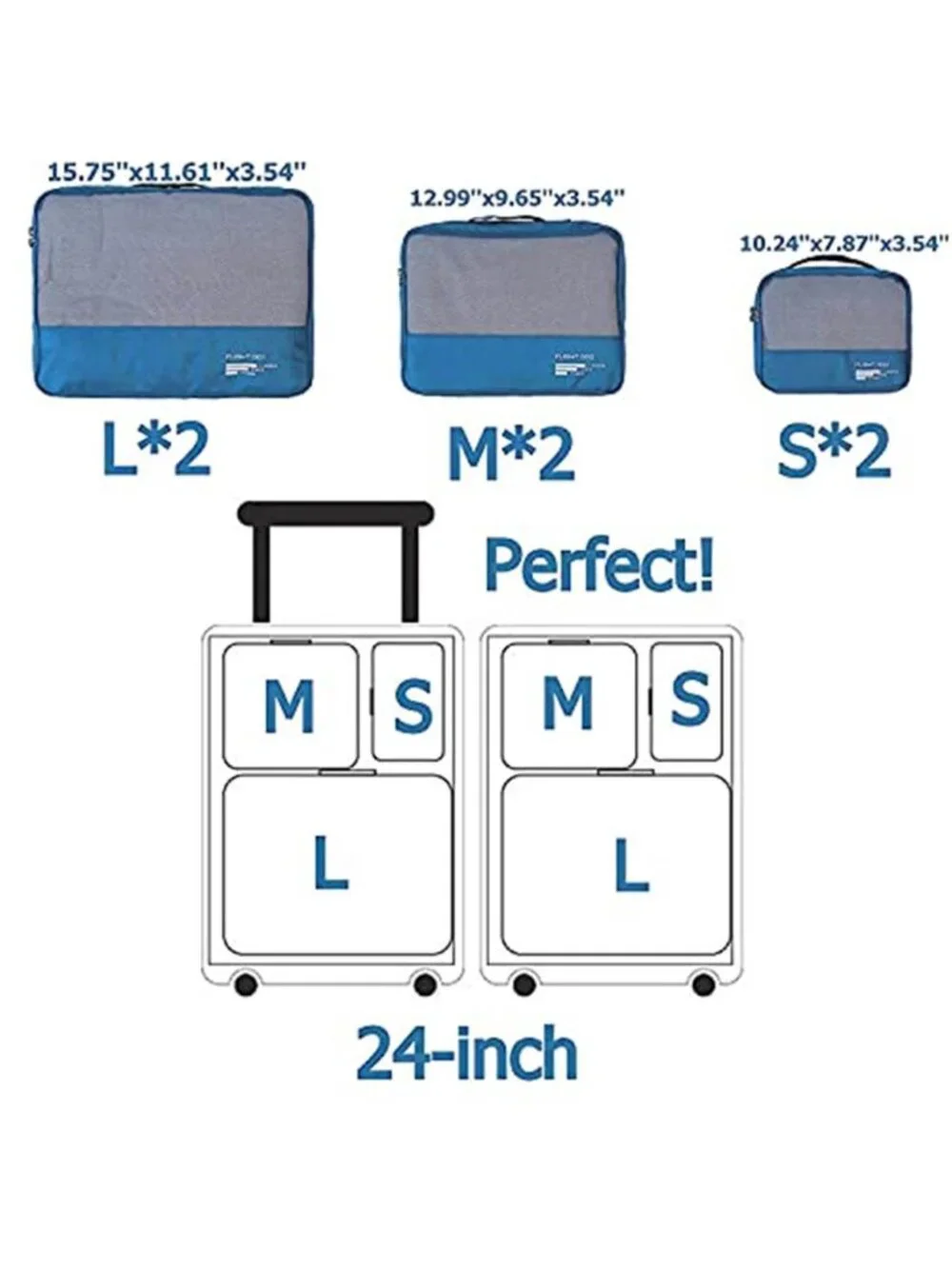 6 Set Packing Cubes Travel Organizer Suitcase Luggage Bag Sky Blue Nylon Light